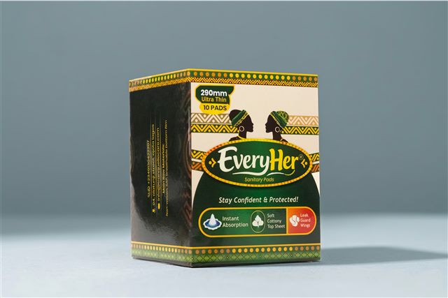 EveryHer Sanitary Pads — forest green and parchment packaging.